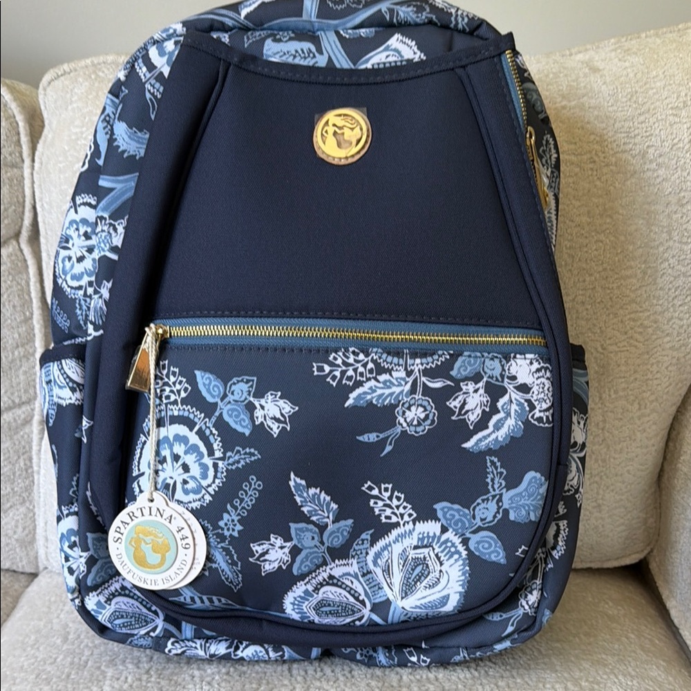 Spartina 449 Navy and Light Blue Floral Backpack with Gold Accents